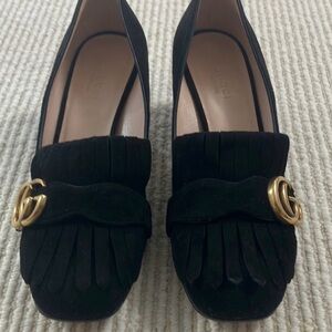 Gucci Marmont suede fringe block mid heel loafer pumps.